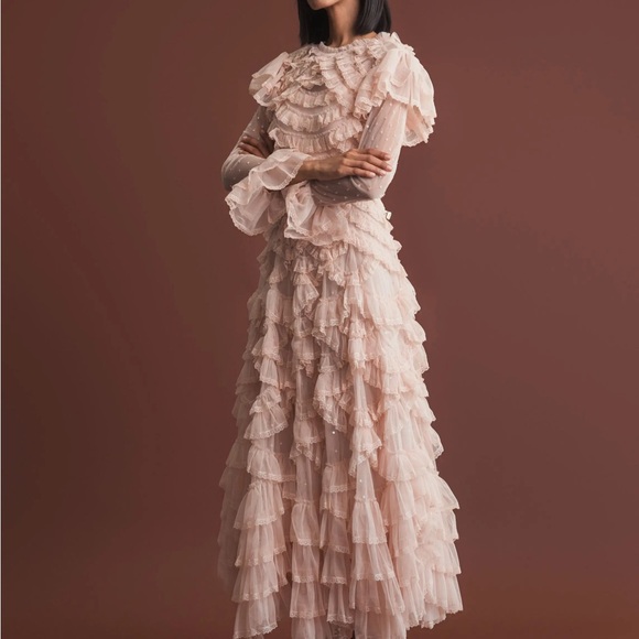 ✔️62B BNWT MAC DUGGAL Pink Tiered Ruffle Trim Long Sleeve Midi Dress - Picture 4 of 9